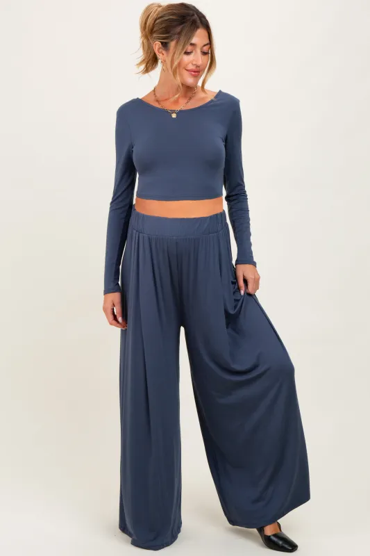 Blue Long-Sleeve Crop Top And Maxi Pants Maternity Set sold by Pinkblush