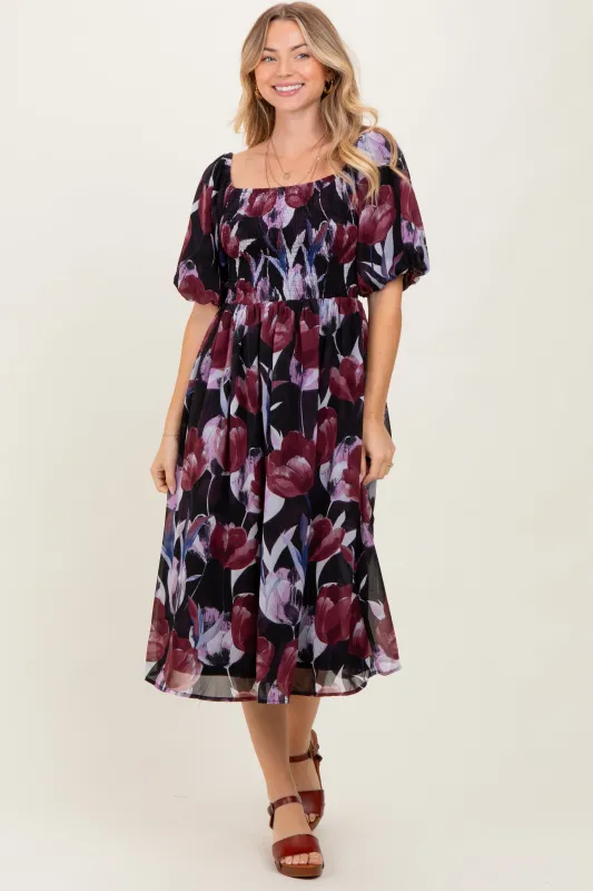 Plum Tulip Floral Smocked Puff Sleeve Midi Dress sold by Pinkblush