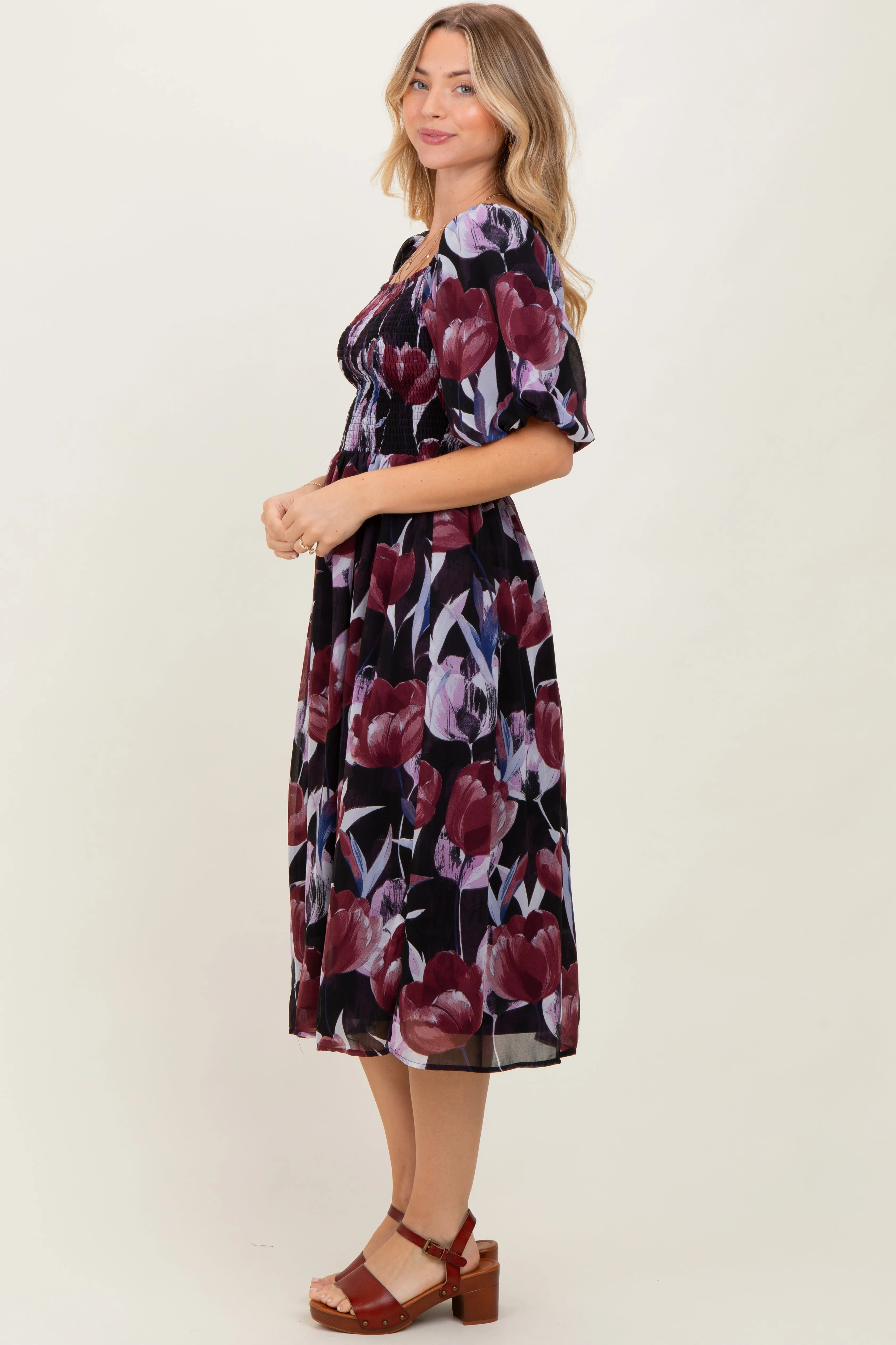 Plum Tulip Floral Smocked Puff Sleeve Midi Dress sold by Pinkblush product image thumbnail 2