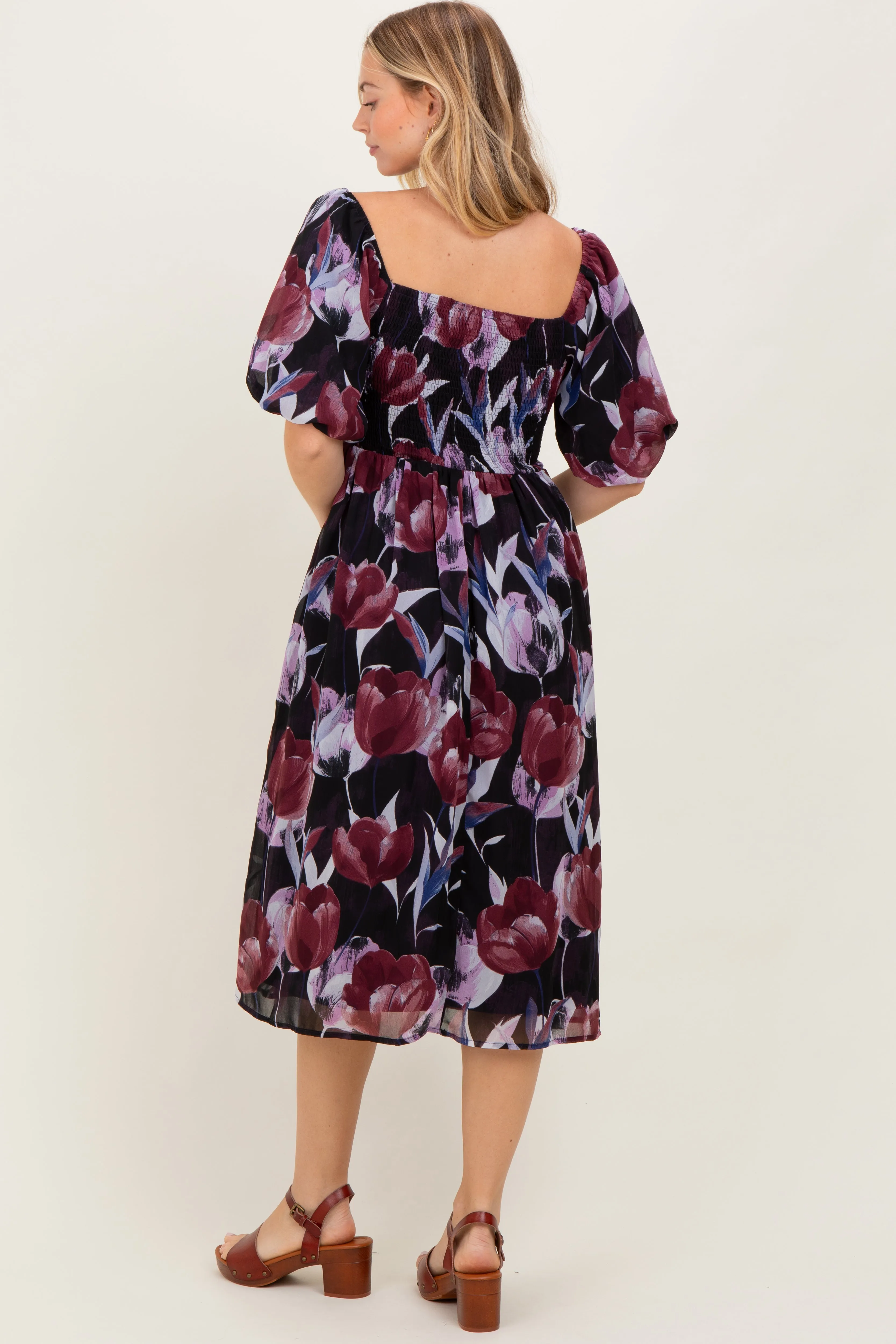 Plum Tulip Floral Smocked Puff Sleeve Midi Dress sold by Pinkblush product image thumbnail 3