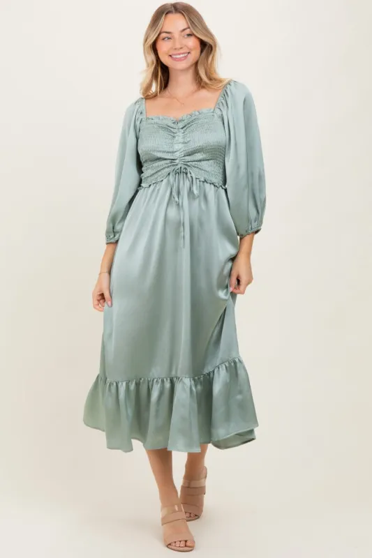 Light Olive Satin Smocked Cinched Bust Midi Dress sold by Pinkblush