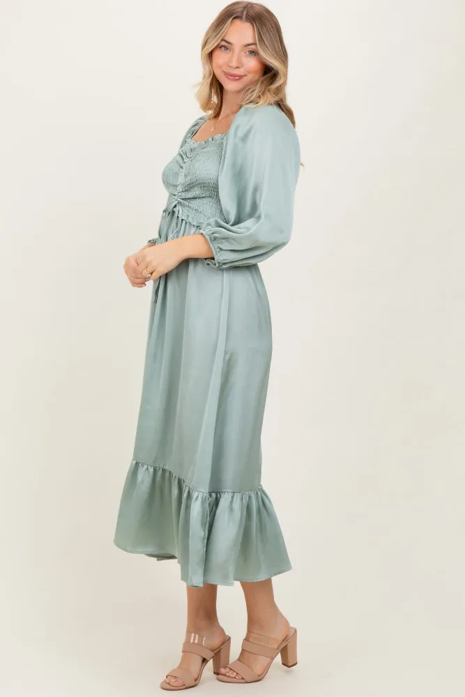 Light Olive Satin Smocked Cinched Bust Midi Dress sold by Pinkblush product image thumbnail 2