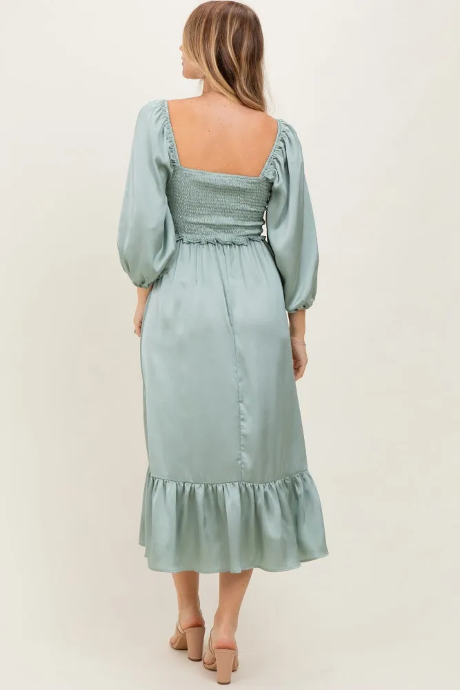 Light Olive Satin Smocked Cinched Bust Midi Dress sold by Pinkblush product image thumbnail 3