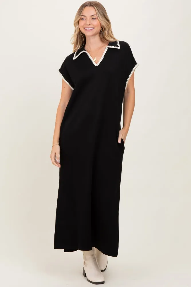 Black Collared Stitch Detail Short Sleeve Midi Dress sold by Pinkblush