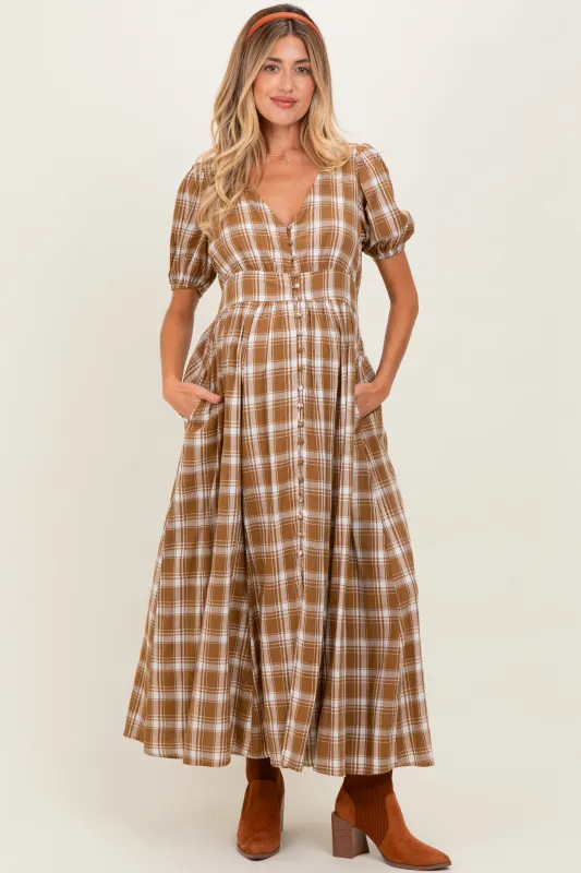 Camel Plaid Button Down Maternity Maxi Dress sold by Pinkblush