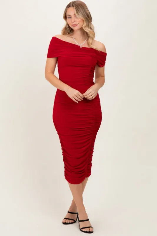 Red Off Shoulder Ruched Midi Dress sold by Pinkblush