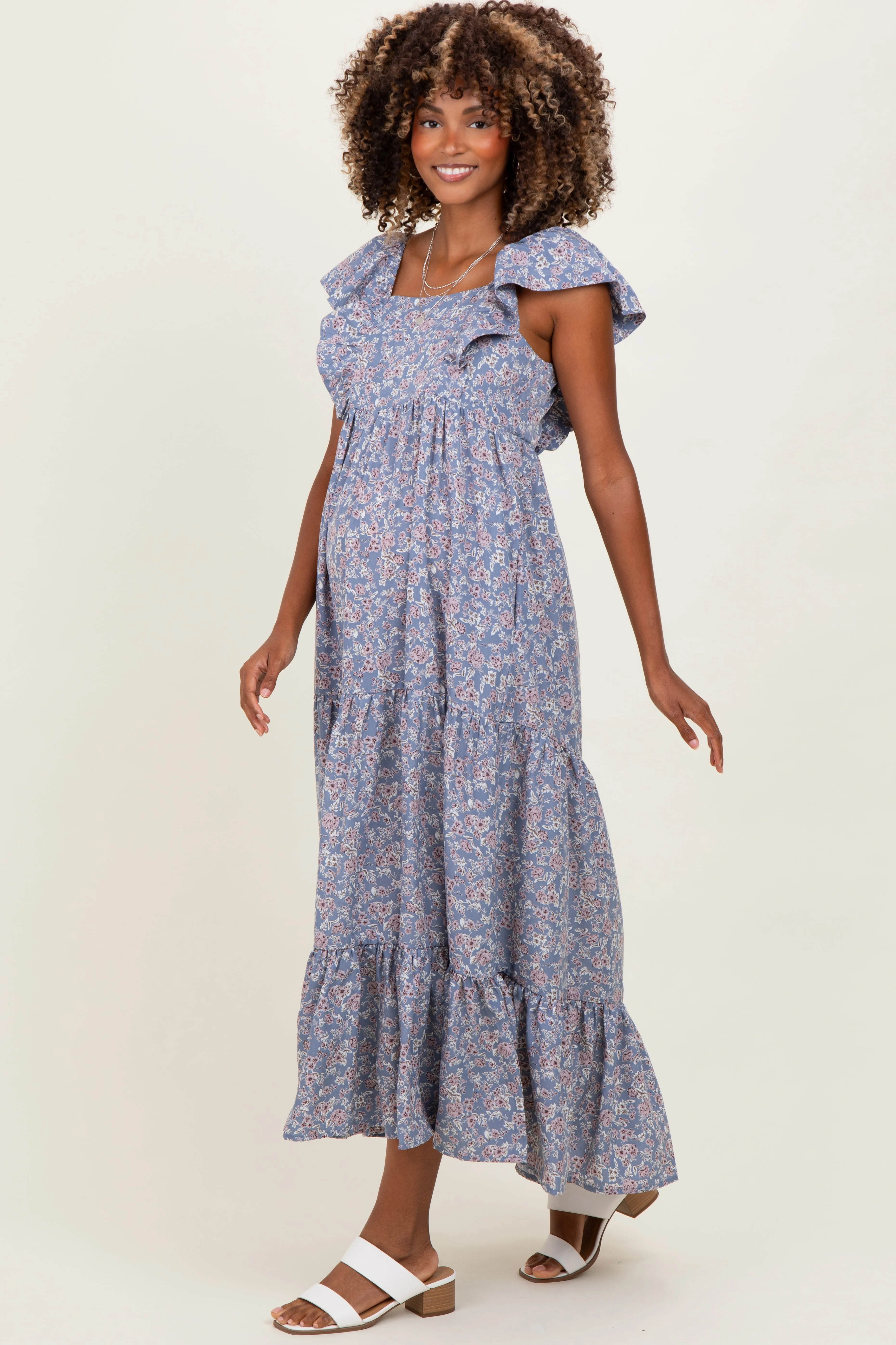 Blue Floral Ruffle Sleeve Maternity Maxi Dress sold by Pinkblush product image thumbnail 3