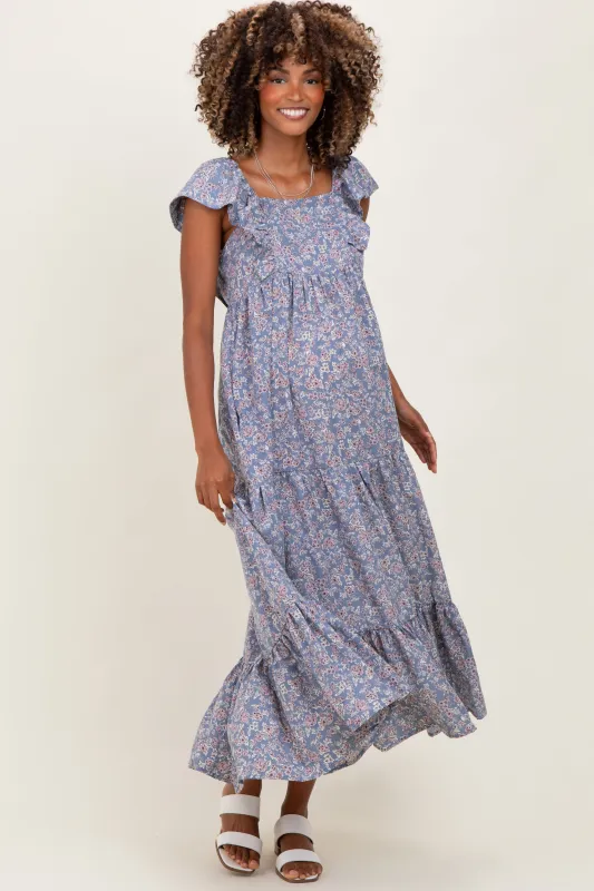 Blue Floral Ruffle Sleeve Maternity Maxi Dress sold by Pinkblush