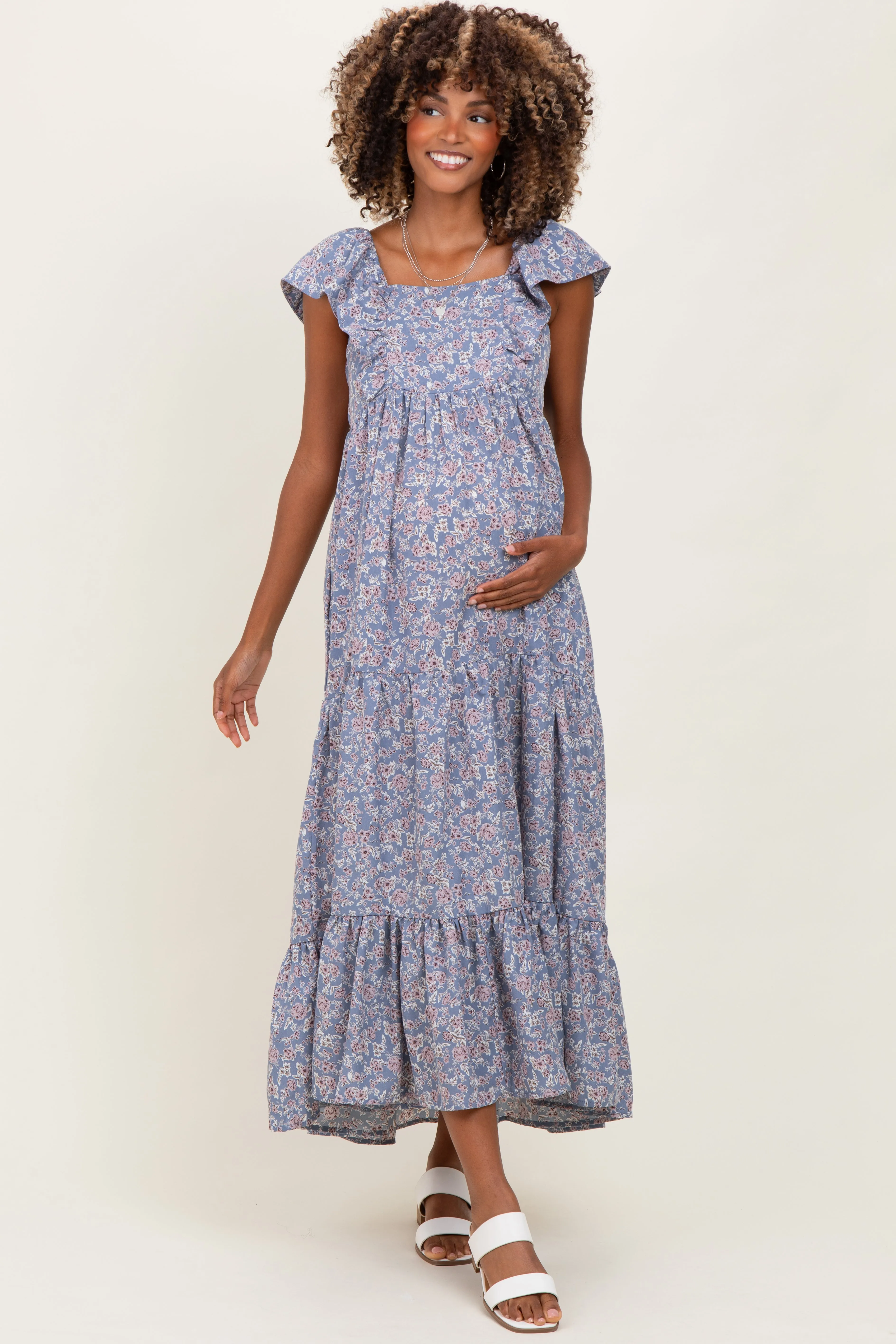 Blue Floral Ruffle Sleeve Maternity Maxi Dress sold by Pinkblush product image thumbnail 2