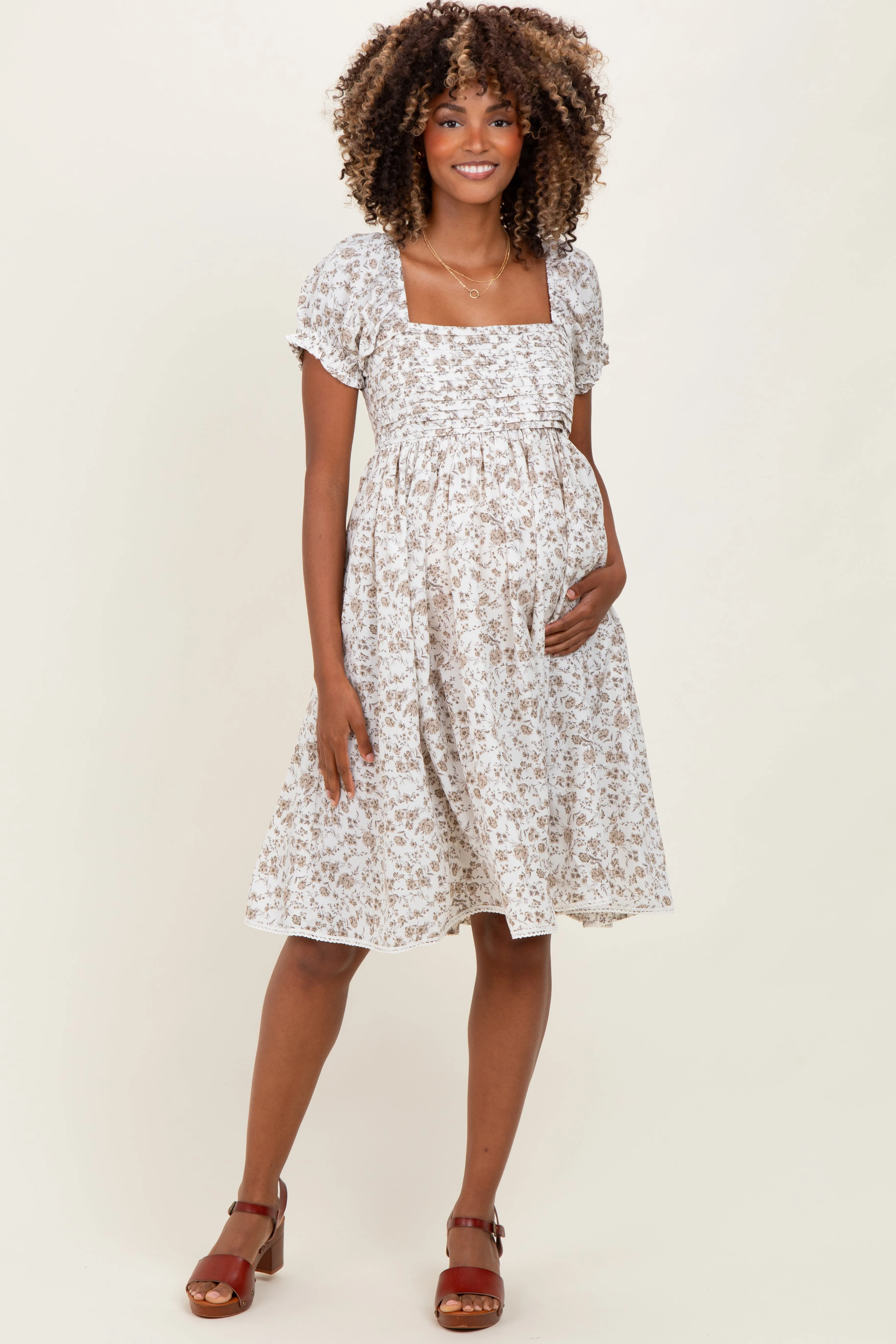 Ivory Floral Pleated Bodice Puff Sleeve Maternity Dress sold by Pinkblush product image thumbnail 3