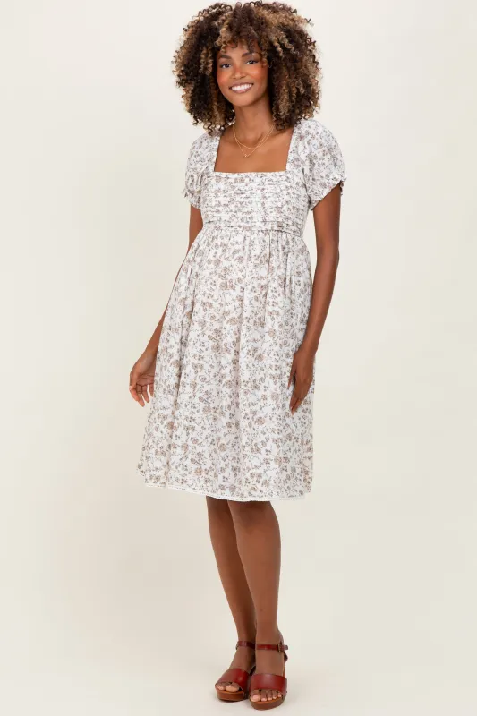 Ivory Floral Pleated Bodice Puff Sleeve Maternity Dress sold by Pinkblush