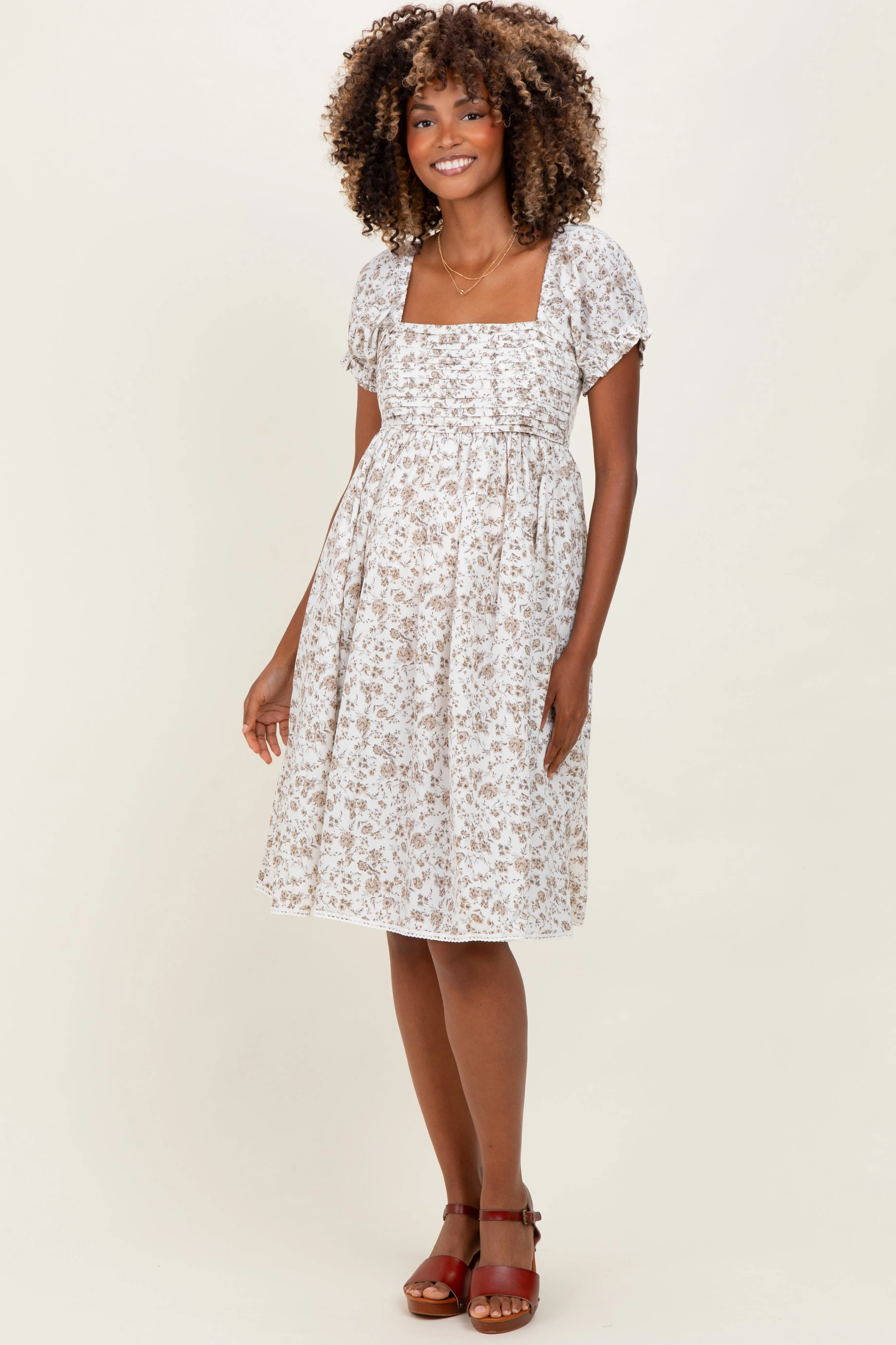 Ivory Floral Pleated Bodice Puff Sleeve Maternity Dress sold by Pinkblush