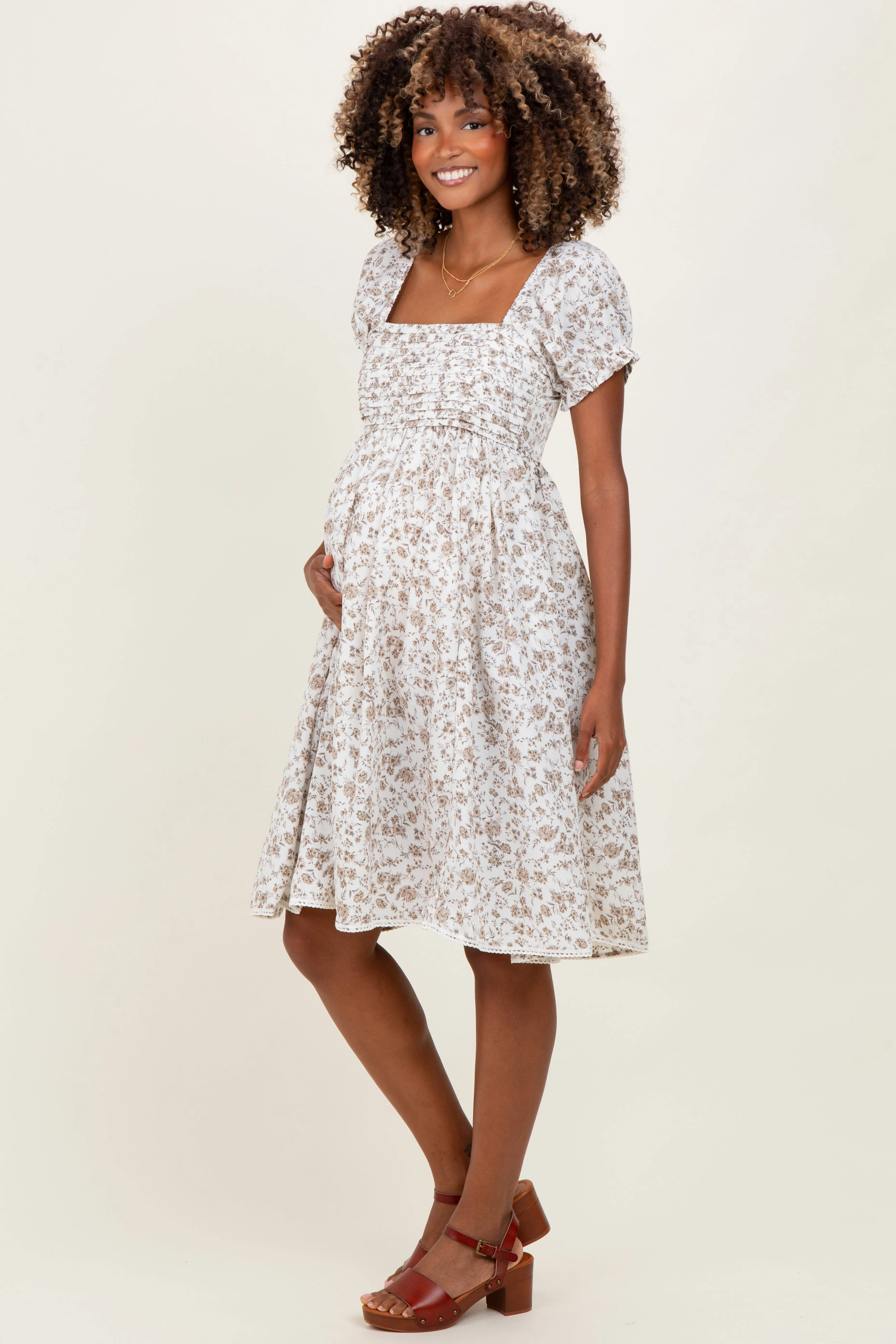 Ivory Floral Pleated Bodice Puff Sleeve Maternity Dress sold by Pinkblush product image thumbnail 2