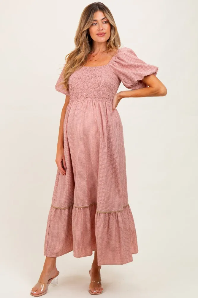 Mauve Plaid Smocked Puff Sleeve Maternity Maxi Dress sold by Pinkblush product image thumbnail 2