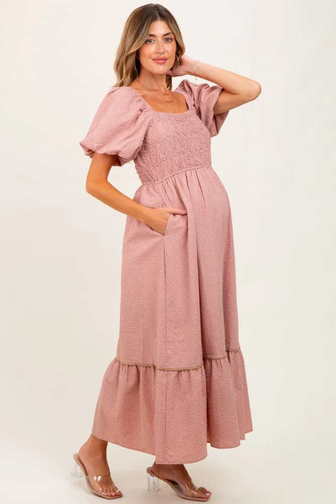 Mauve Plaid Smocked Puff Sleeve Maternity Maxi Dress sold by Pinkblush product image thumbnail 3