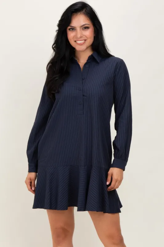 Navy Striped Long Sleeve Drop Waist Polo Dress sold by Pinkblush