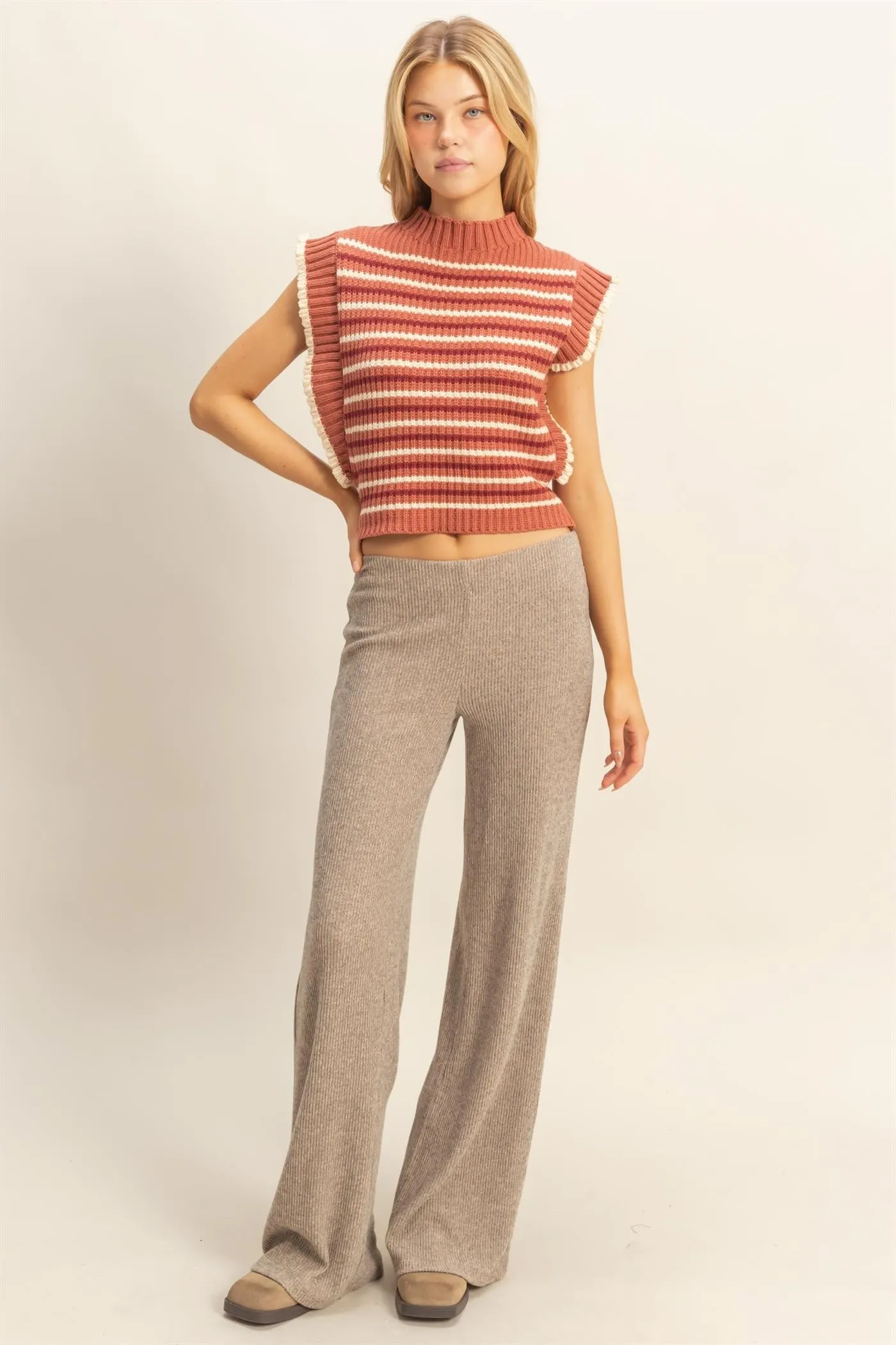 Beige Brushed Knit Flare Leg Pants sold by Pinkblush