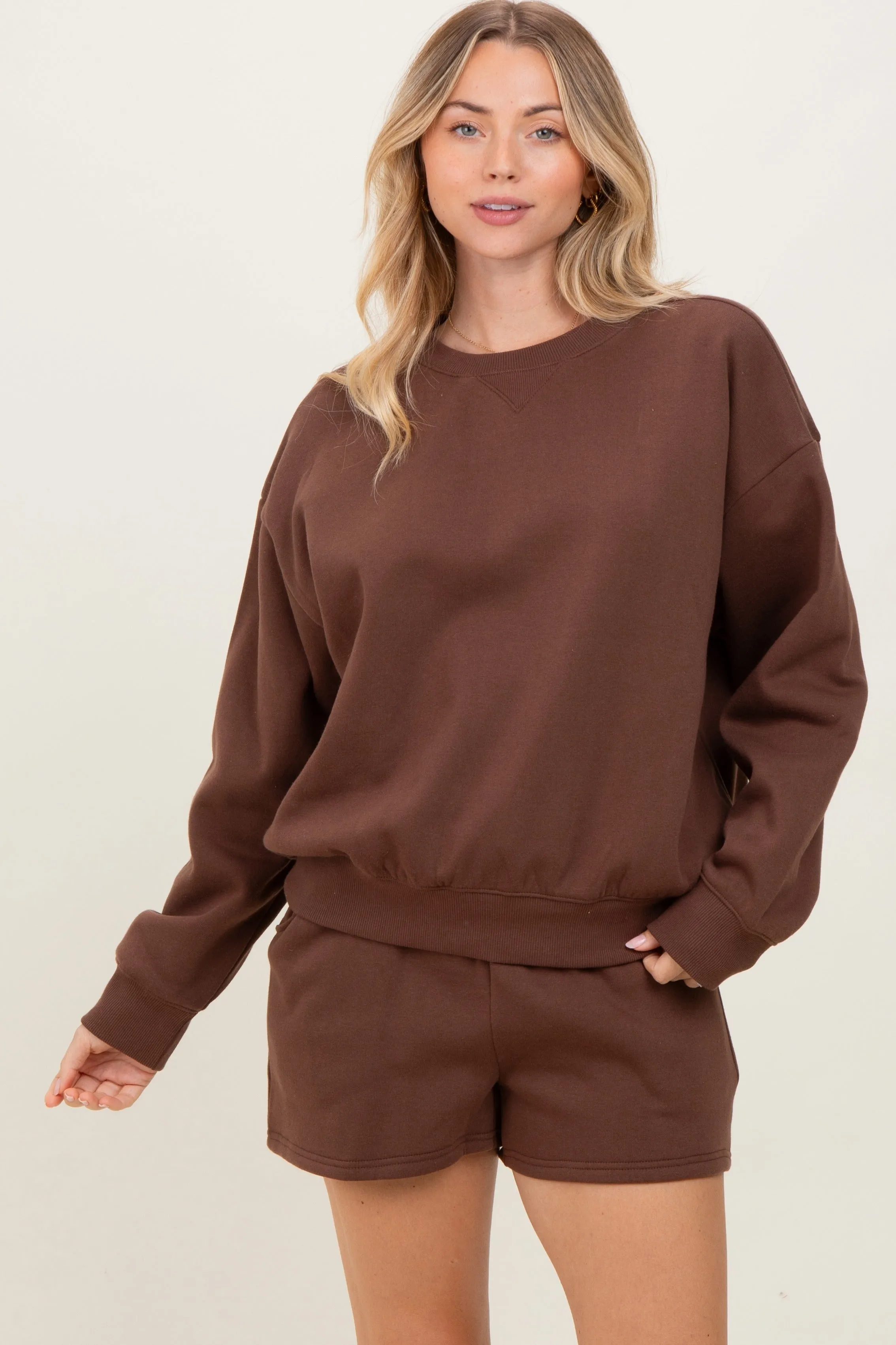 Brown Fleece Sweatshirt Shorts Set sold by Pinkblush
