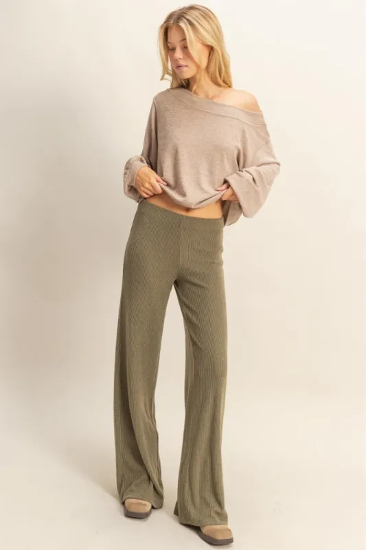 Olive Brushed Knit Flare Leg Pants sold by Pinkblush