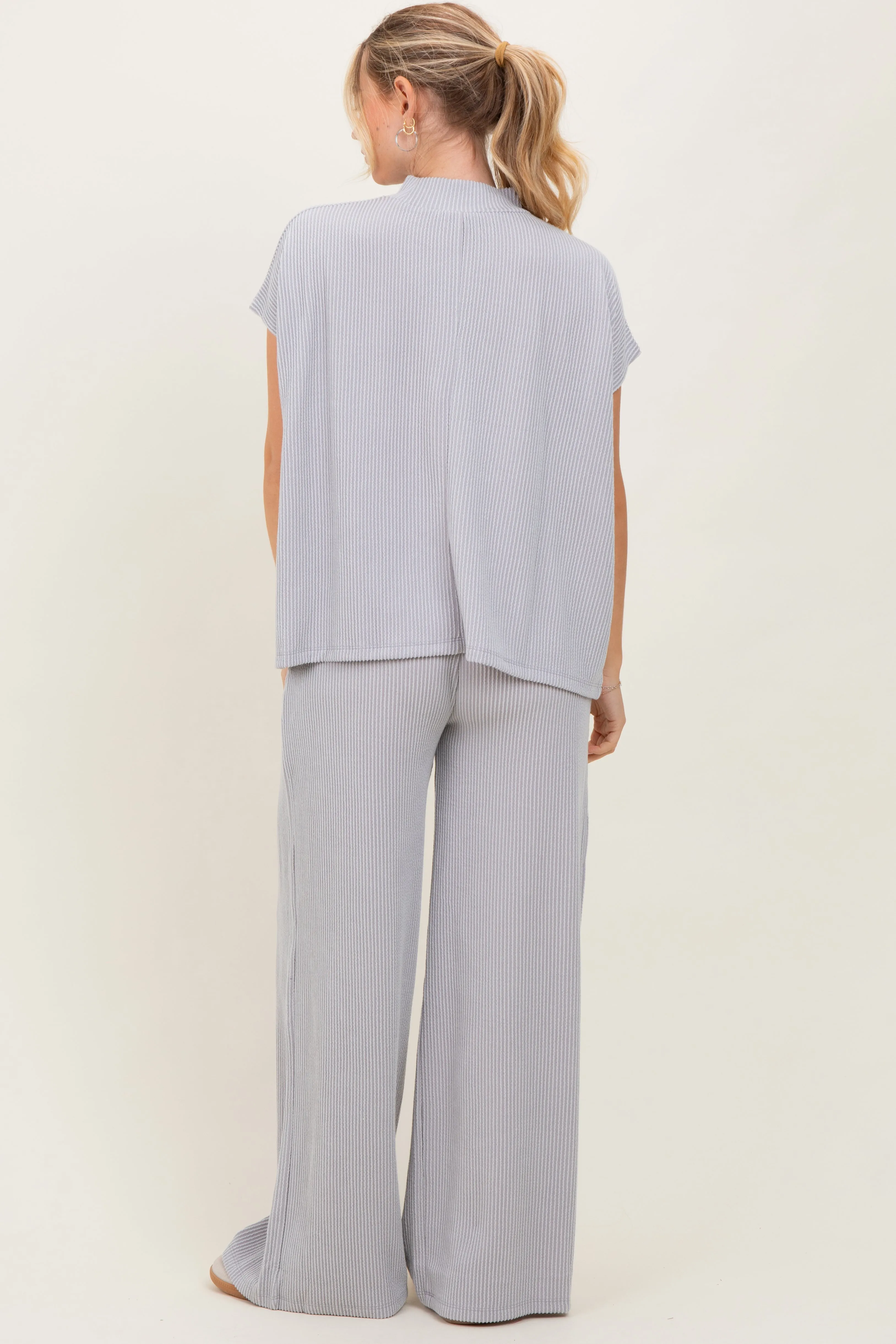Light Grey Textured Rib Mock Neck Short Sleeve Pant Set sold by Pinkblush product image thumbnail 4