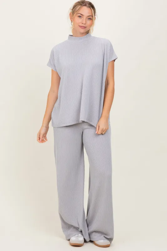 Light Grey Textured Rib Mock Neck Short Sleeve Pant Set sold by Pinkblush