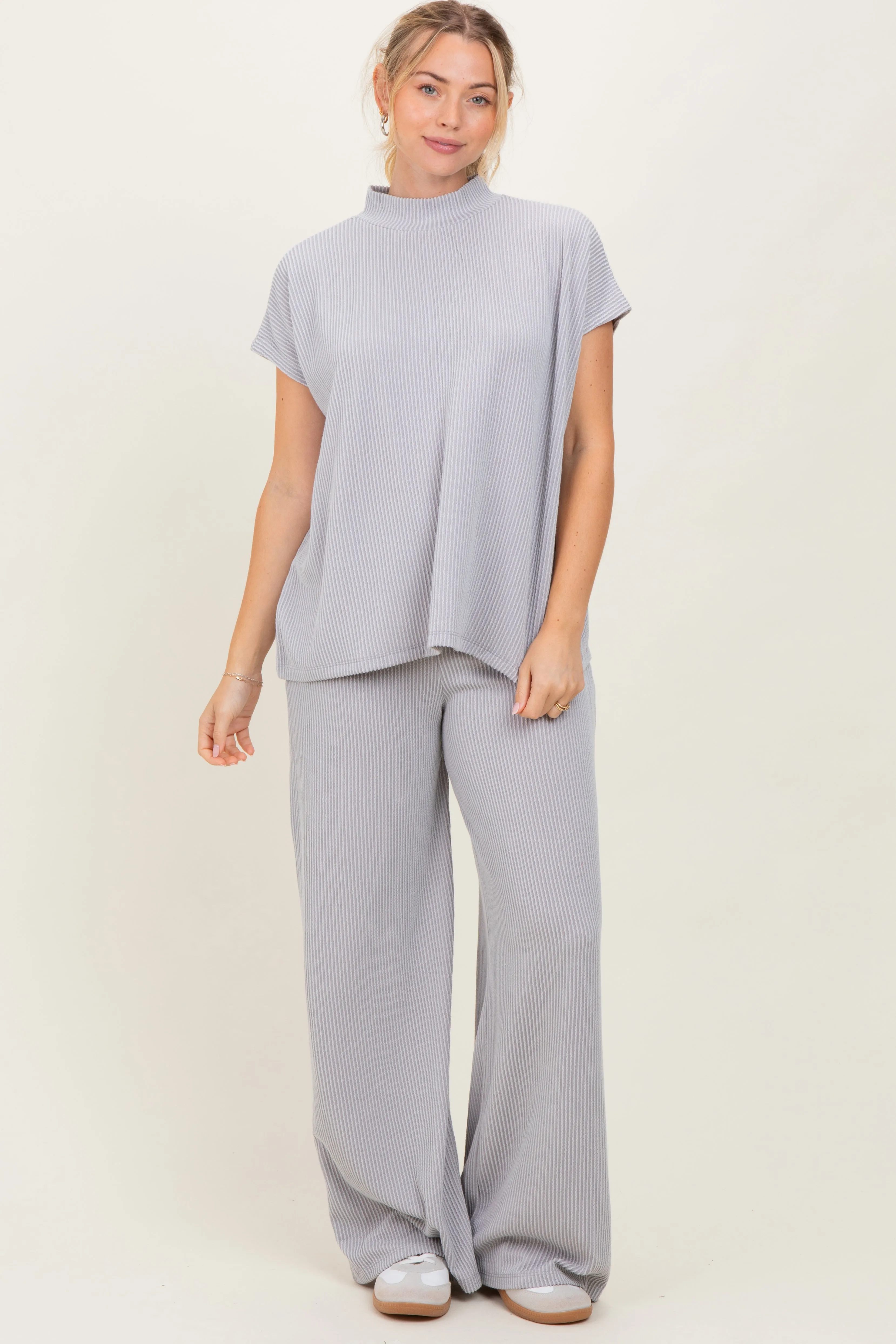 Light Grey Textured Rib Mock Neck Short Sleeve Pant Set sold by Pinkblush