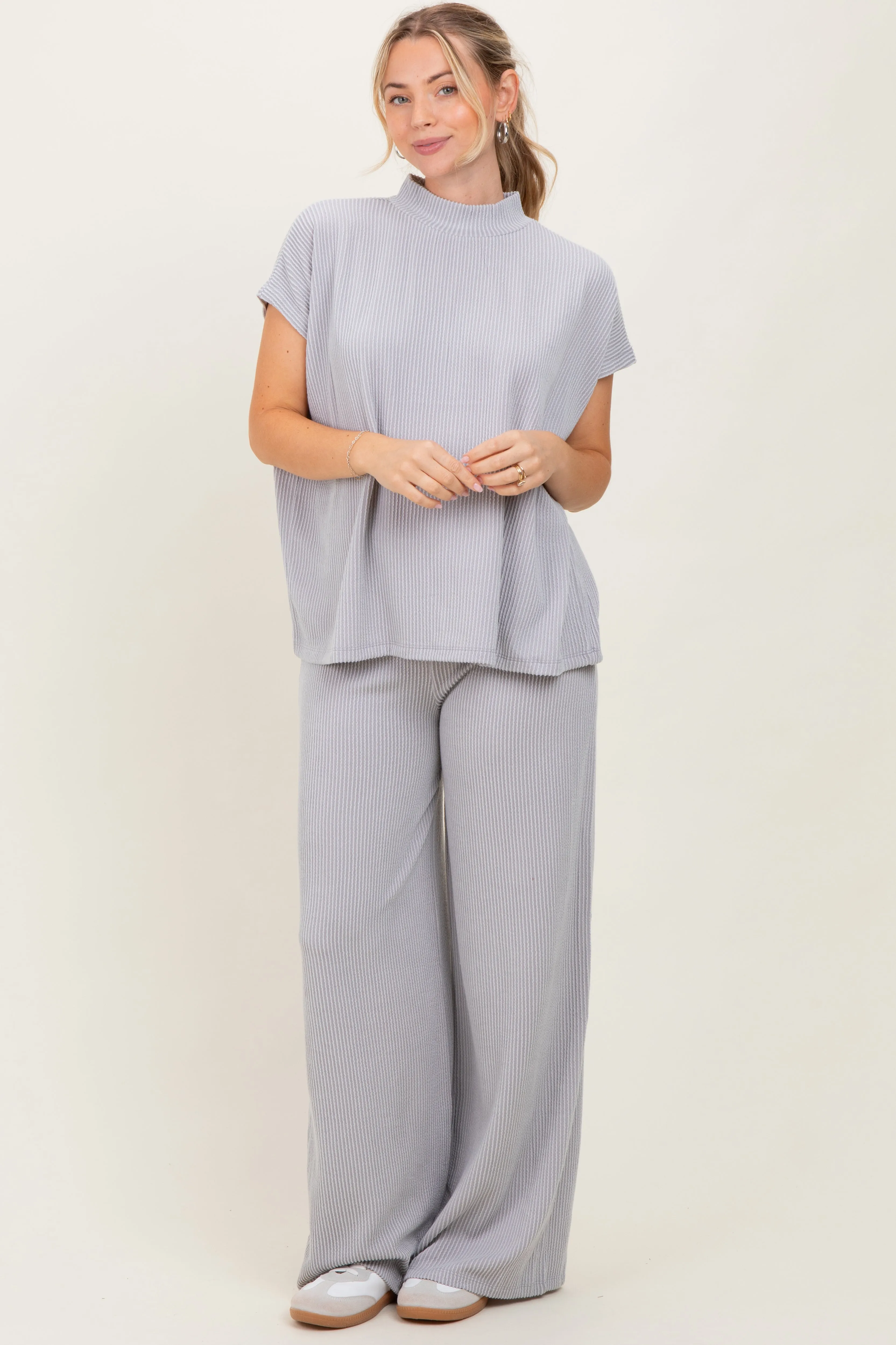 Light Grey Textured Rib Mock Neck Short Sleeve Pant Set sold by Pinkblush product image thumbnail 2