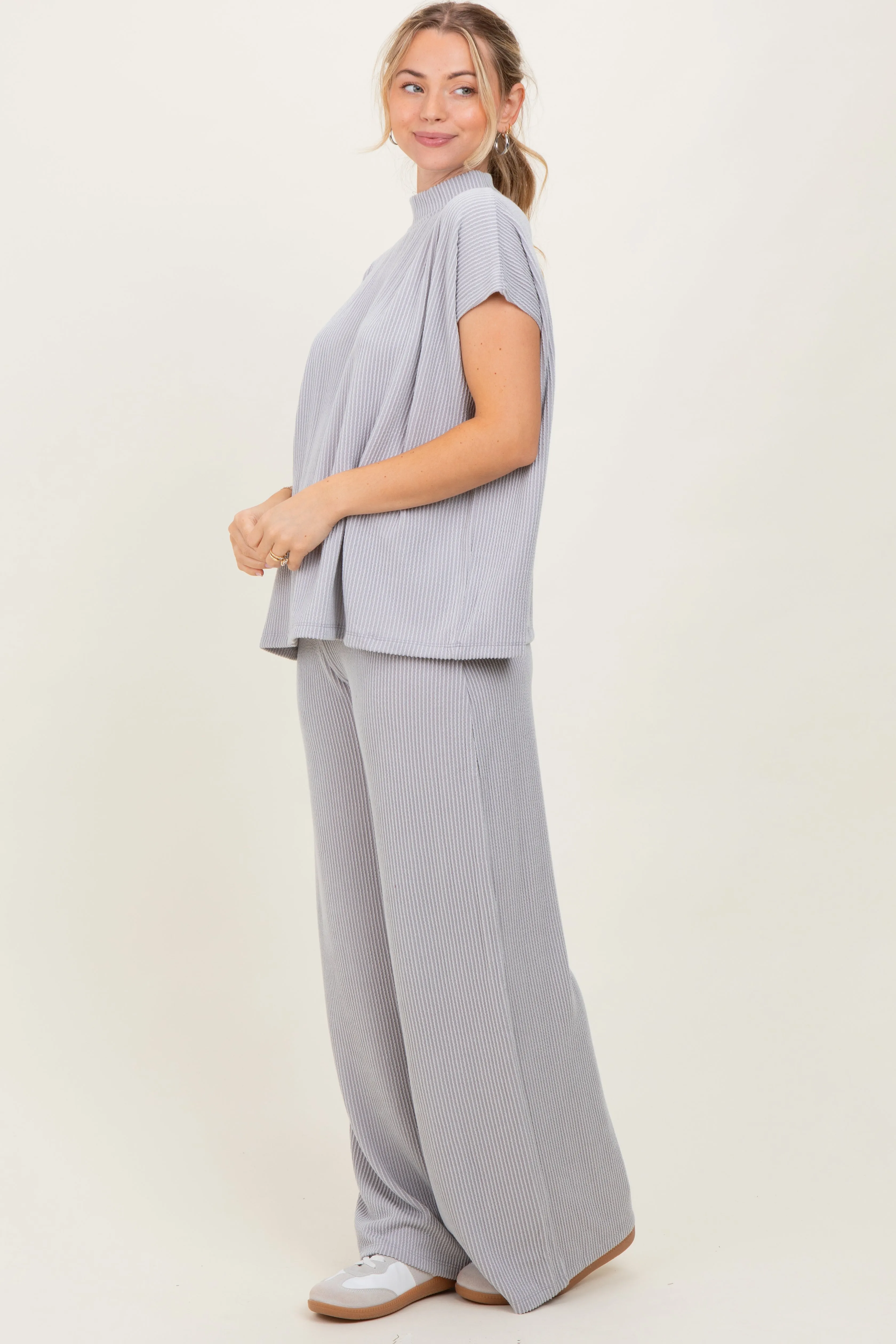Light Grey Textured Rib Mock Neck Short Sleeve Pant Set sold by Pinkblush product image thumbnail 3