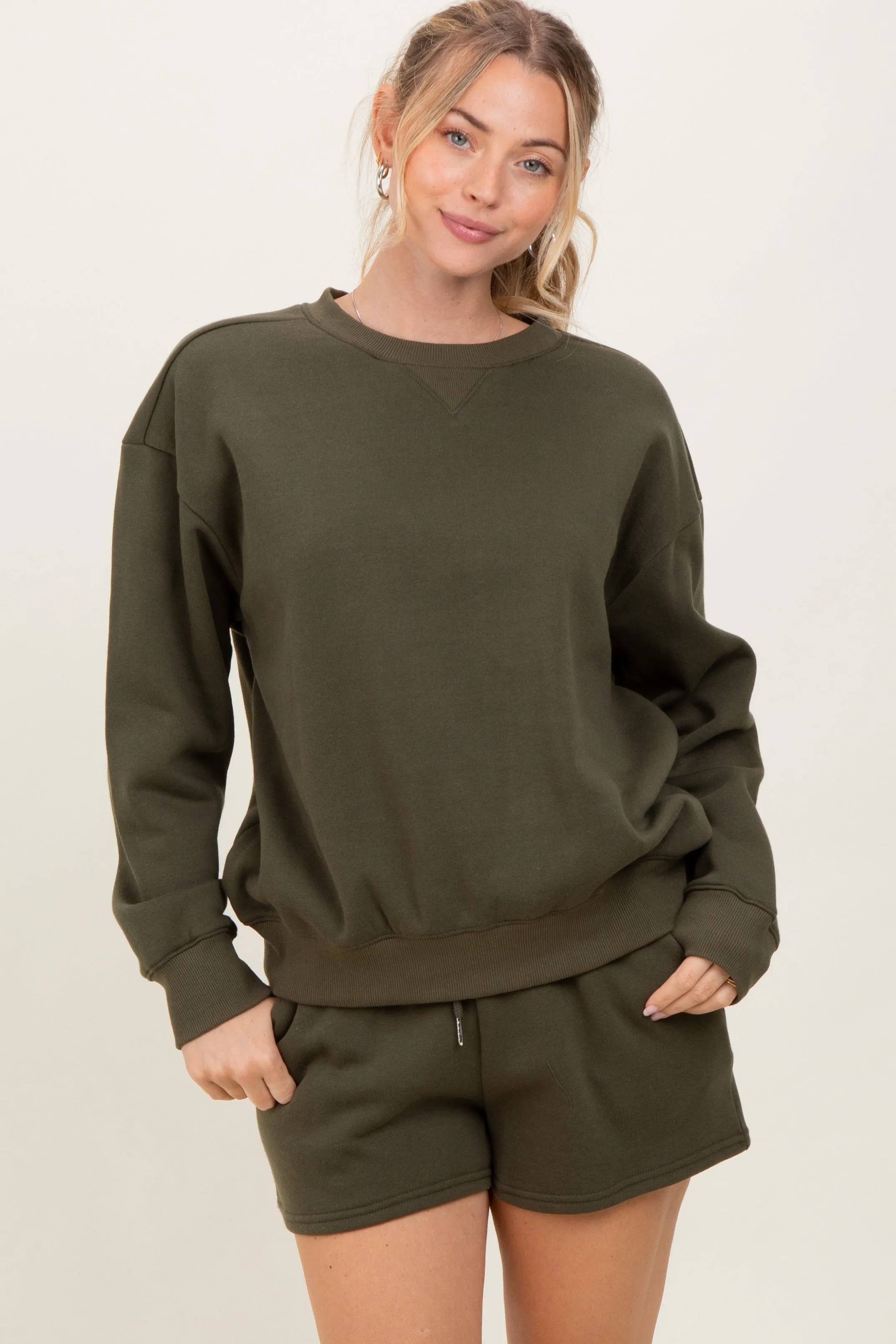 Olive Fleece Sweatshirt Shorts Set sold by Pinkblush
