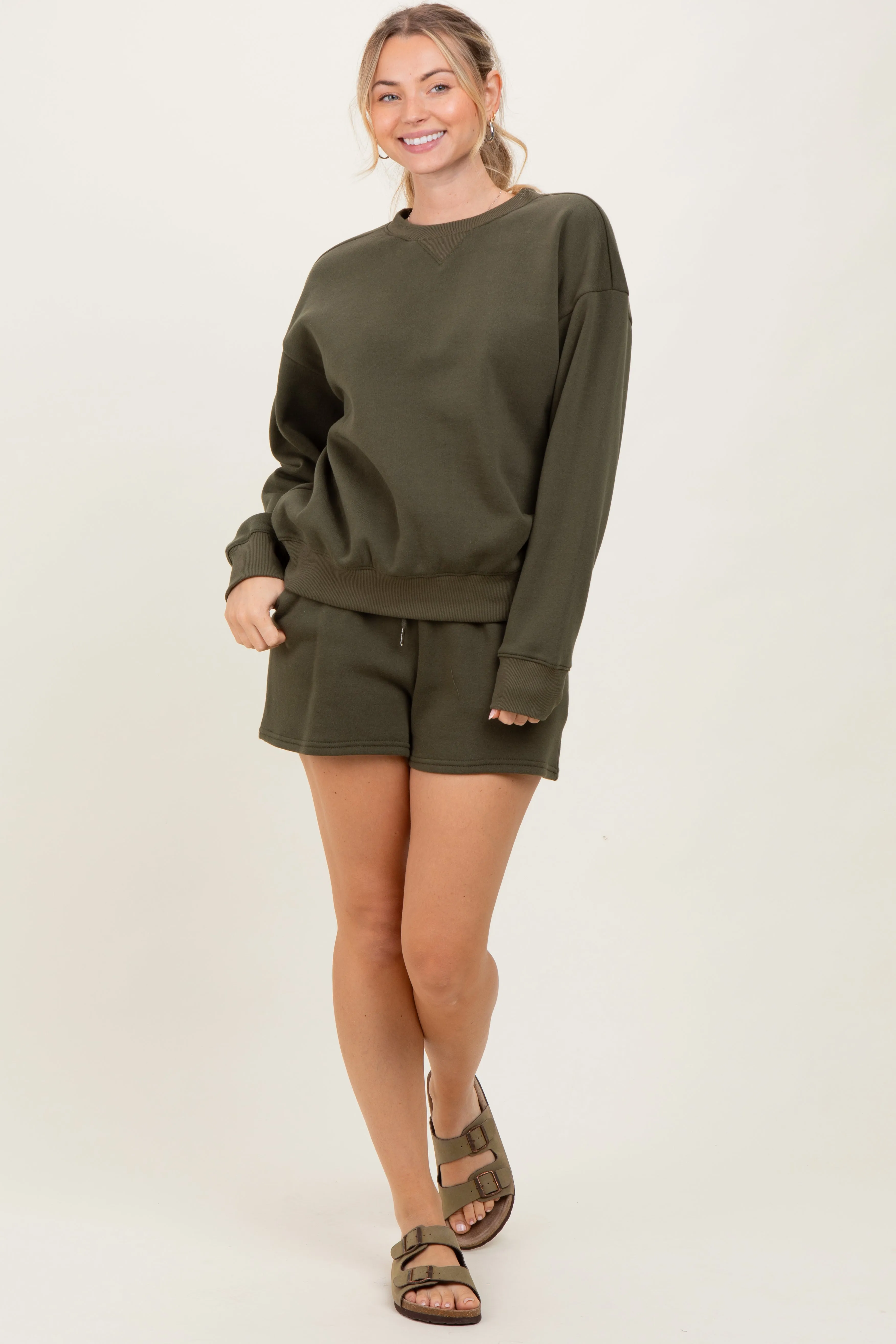 Olive Fleece Sweatshirt Shorts Set sold by Pinkblush product image thumbnail 2
