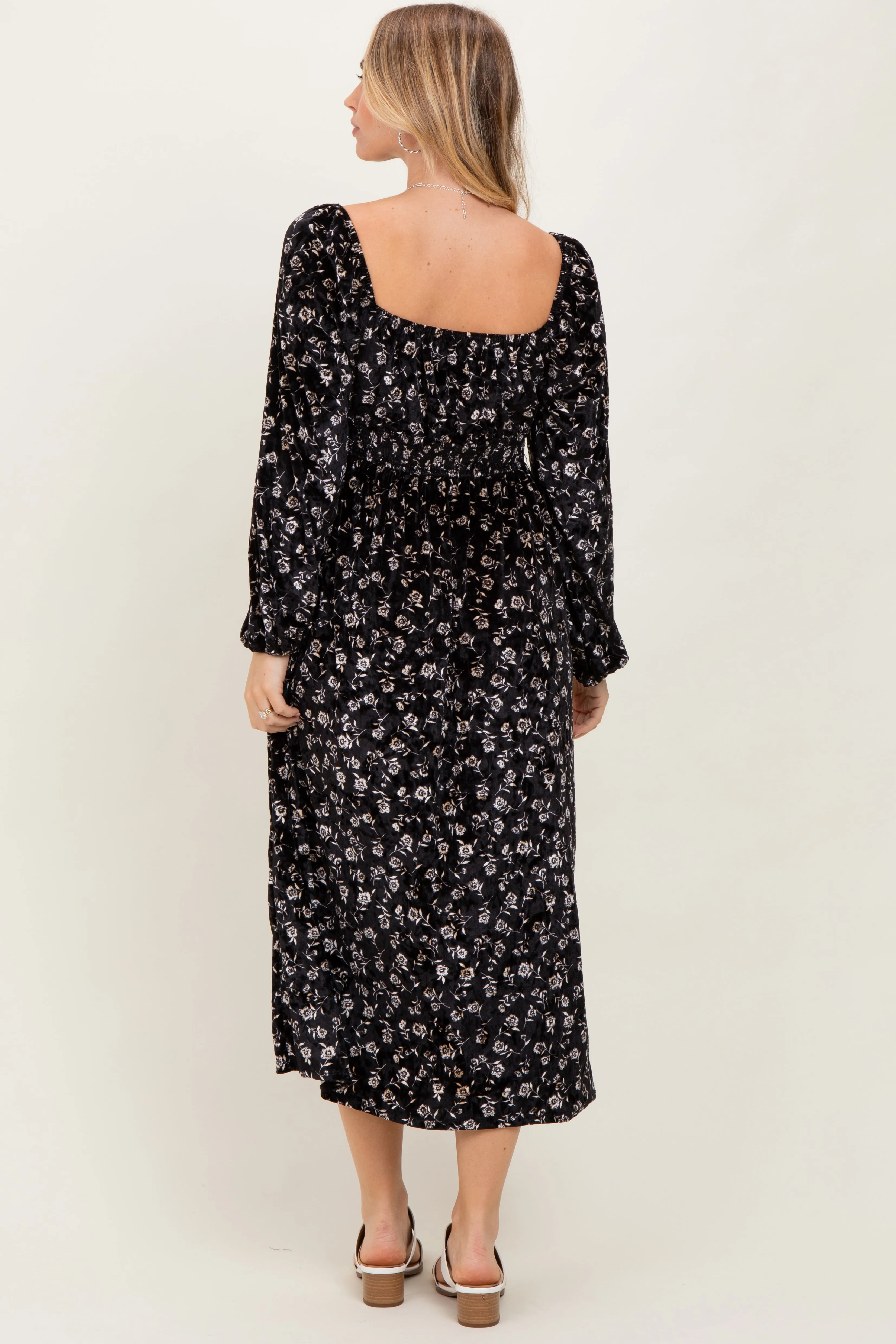 Black Floral Velvet Smocked Midi Dress sold by Pinkblush product image thumbnail 4