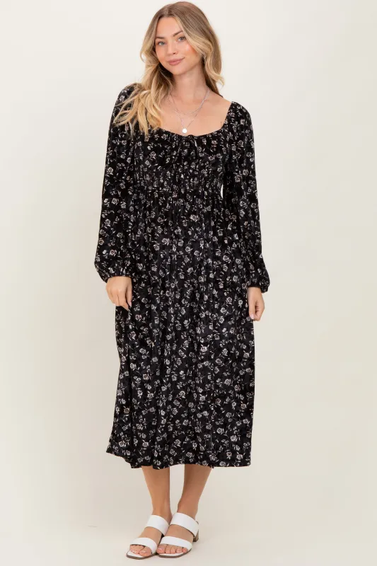 Black Floral Velvet Smocked Midi Dress sold by Pinkblush