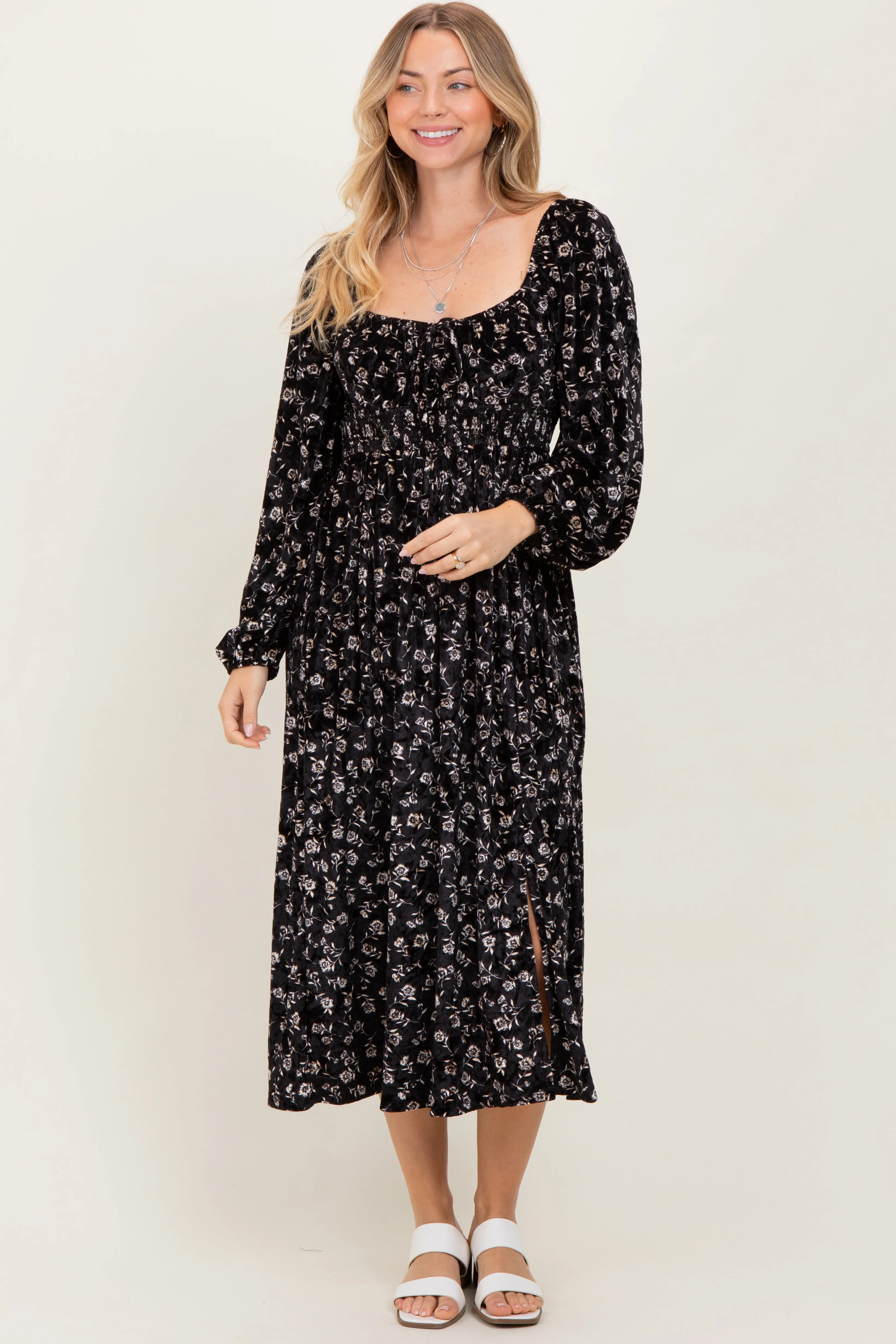 Black Floral Velvet Smocked Midi Dress sold by Pinkblush product image thumbnail 2
