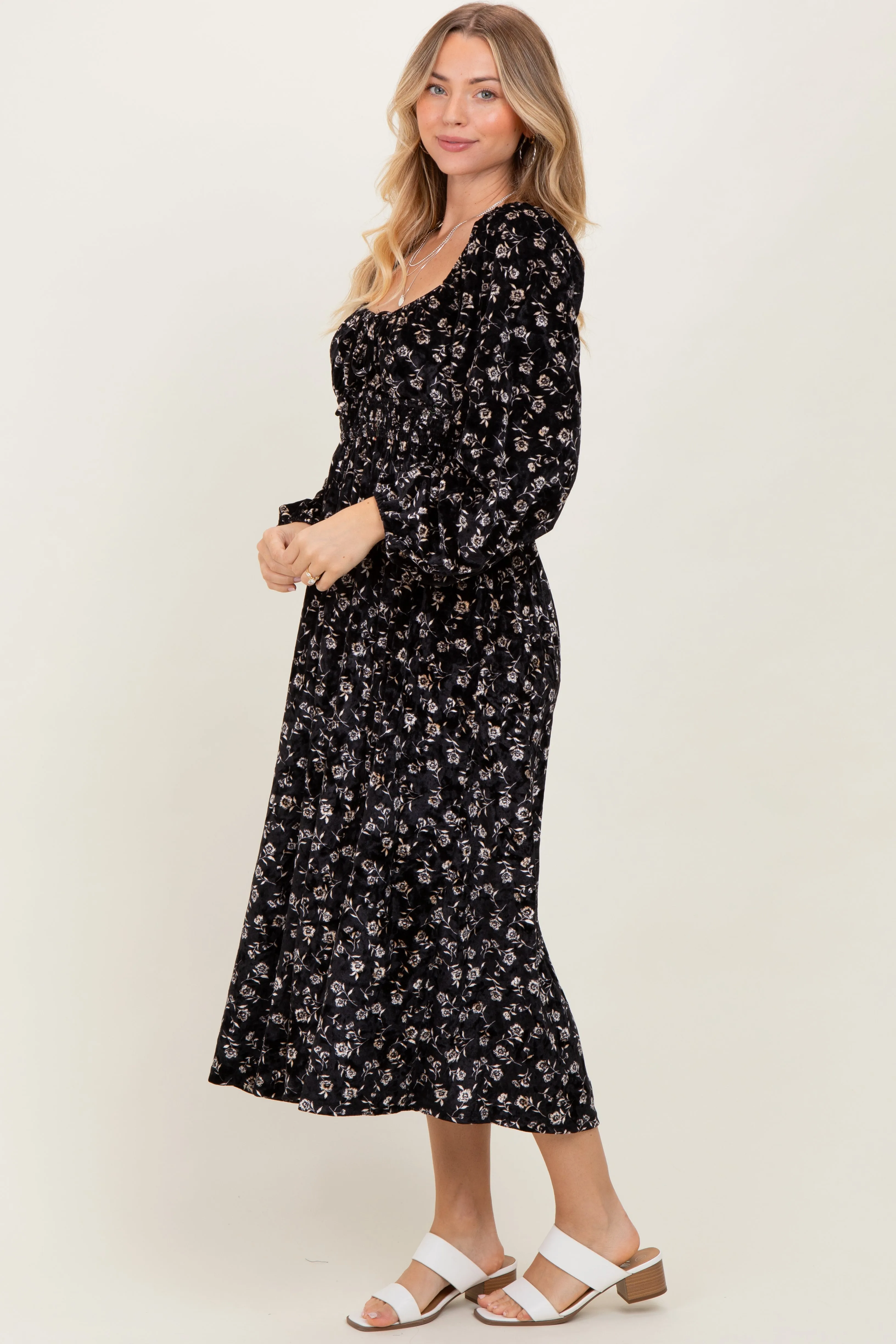Black Floral Velvet Smocked Midi Dress sold by Pinkblush product image thumbnail 3