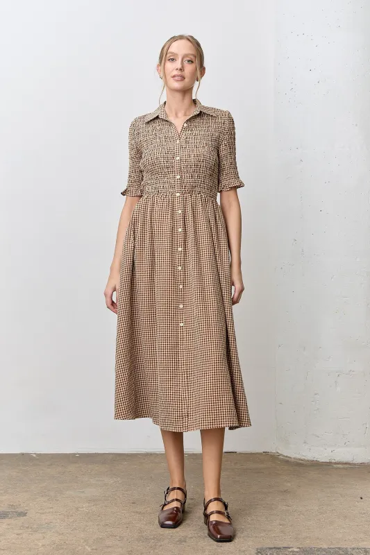 Mocha Gingham Smocked Button Down Midi Dress sold by Pinkblush