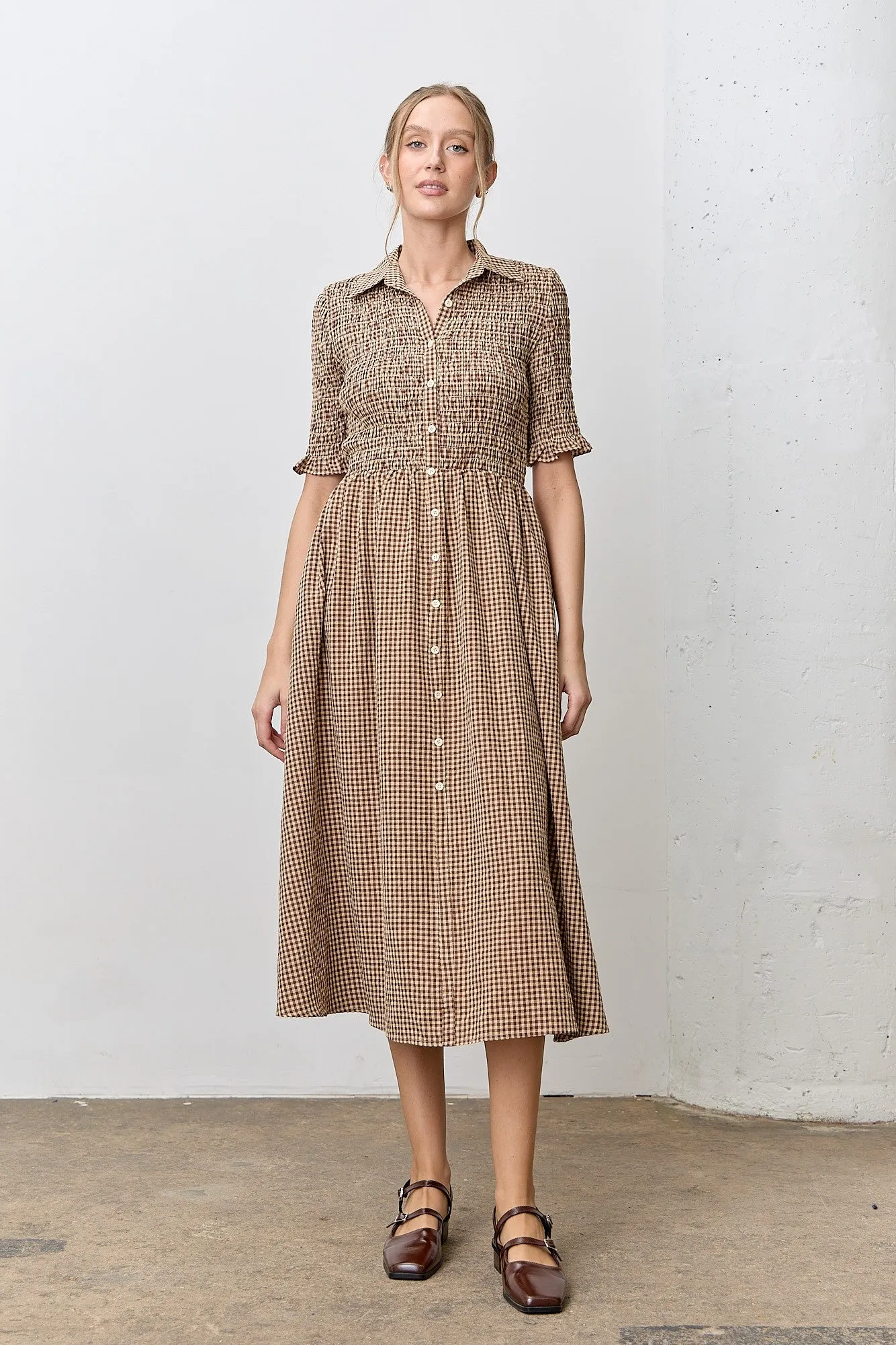 Mocha Gingham Smocked Button Down Midi Dress sold by Pinkblush