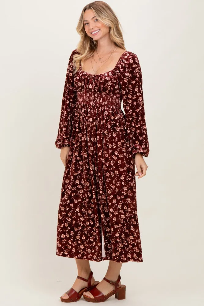 Burgundy Floral Velvet Smocked Midi Dress sold by Pinkblush product image thumbnail 3