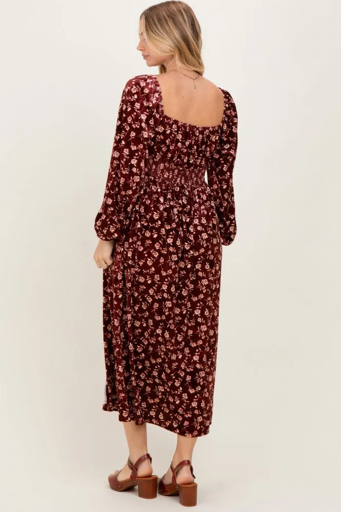 Burgundy Floral Velvet Smocked Midi Dress sold by Pinkblush product image thumbnail 4
