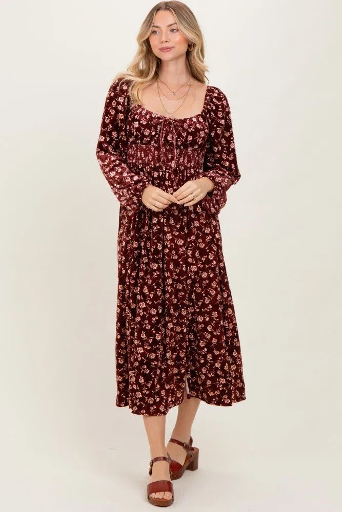 Burgundy Floral Velvet Smocked Midi Dress sold by Pinkblush product image thumbnail 2