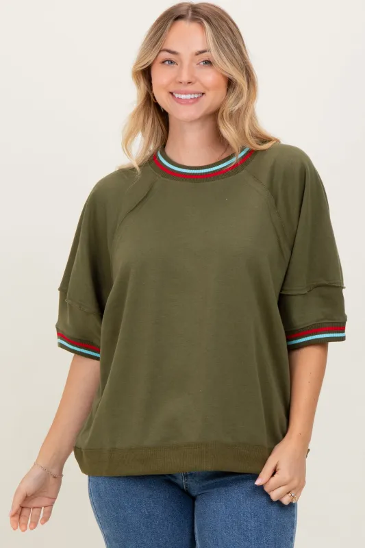 Olive Contrast Trim Short Sleeve Pullover sold by Pinkblush
