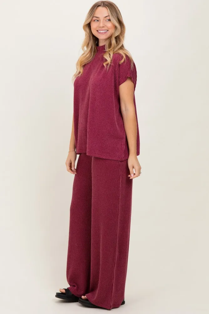 Burgundy Textured Rib Mock Neck Short Sleeve Pant Set sold by Pinkblush product image thumbnail 3