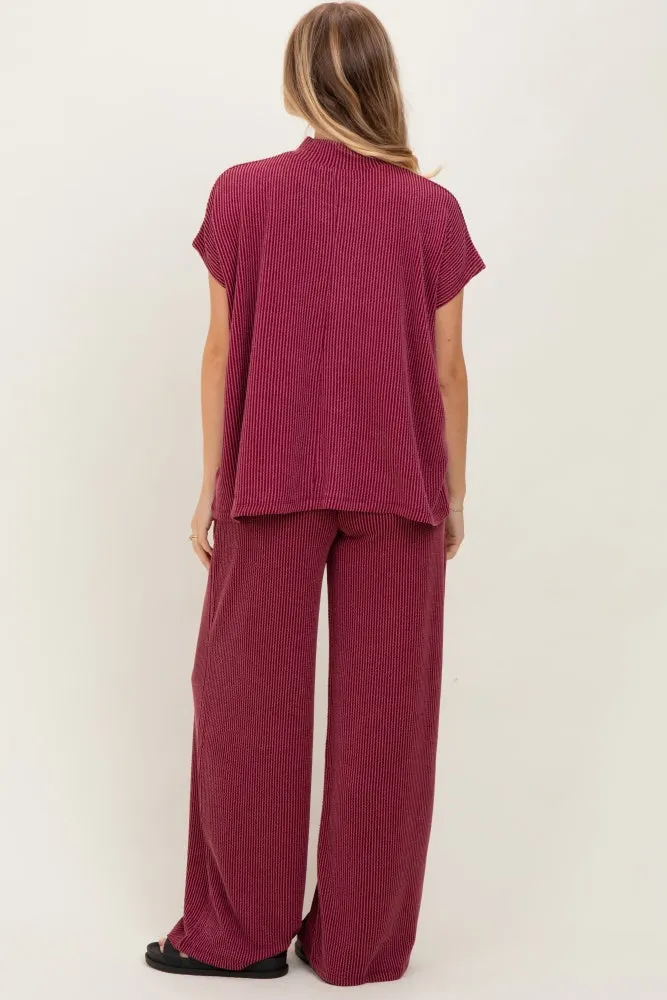 Burgundy Textured Rib Mock Neck Short Sleeve Pant Set sold by Pinkblush product image thumbnail 4
