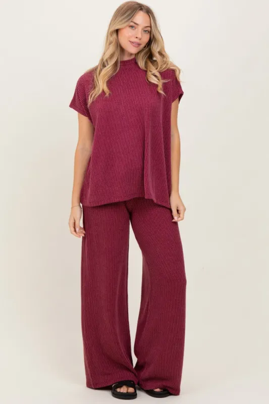 Burgundy Textured Rib Mock Neck Short Sleeve Pant Set sold by Pinkblush
