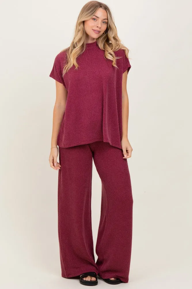 Burgundy Textured Rib Mock Neck Short Sleeve Pant Set sold by Pinkblush