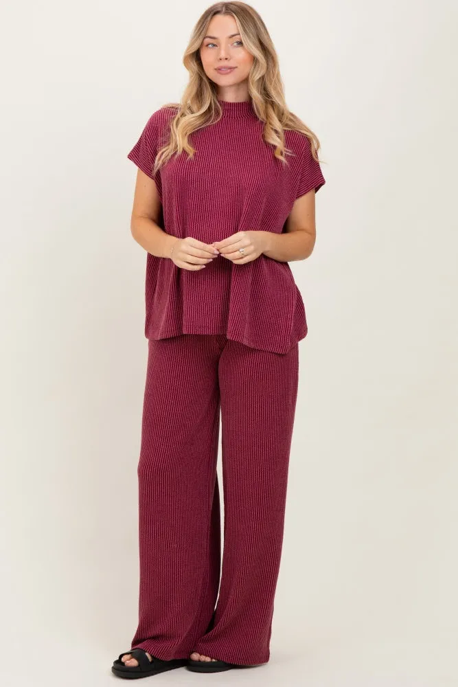 Burgundy Textured Rib Mock Neck Short Sleeve Pant Set sold by Pinkblush product image thumbnail 2