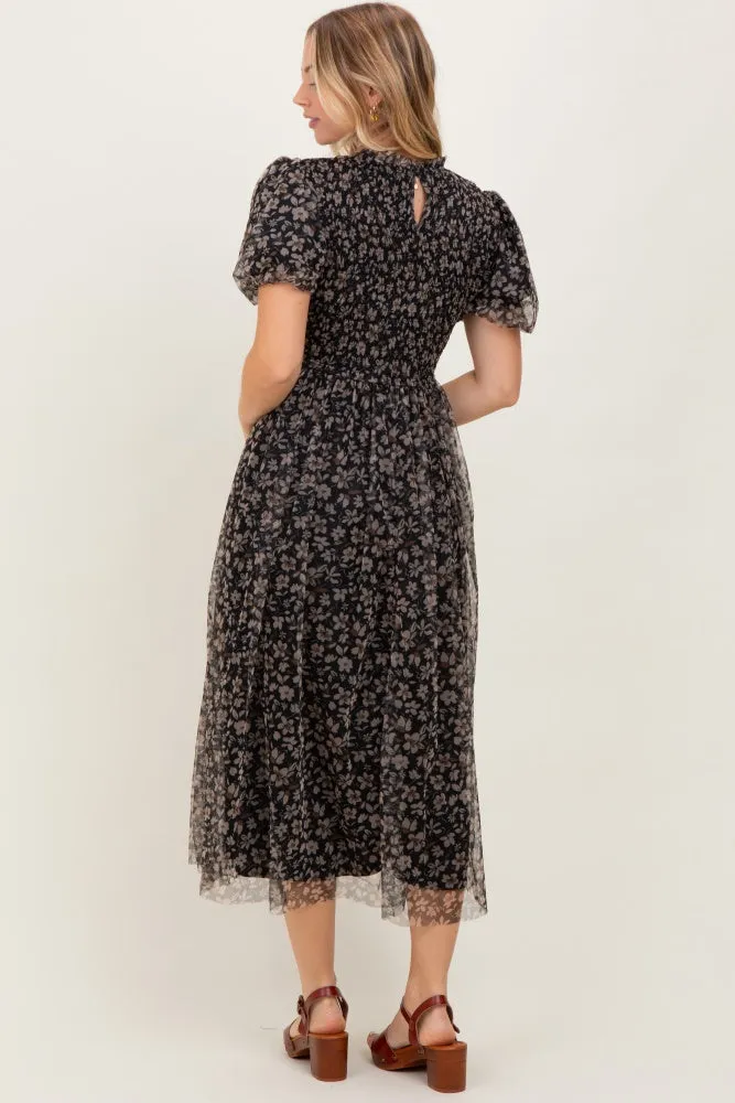 Black Floral Smocked Puff Sleeve Chiffon Midi Dress sold by Pinkblush product image thumbnail 4