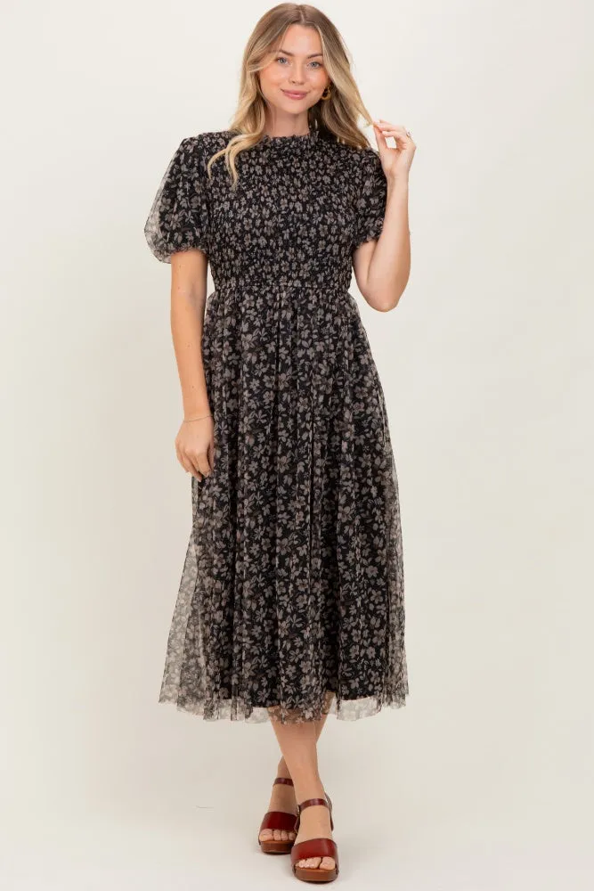 Black Floral Smocked Puff Sleeve Chiffon Midi Dress sold by Pinkblush