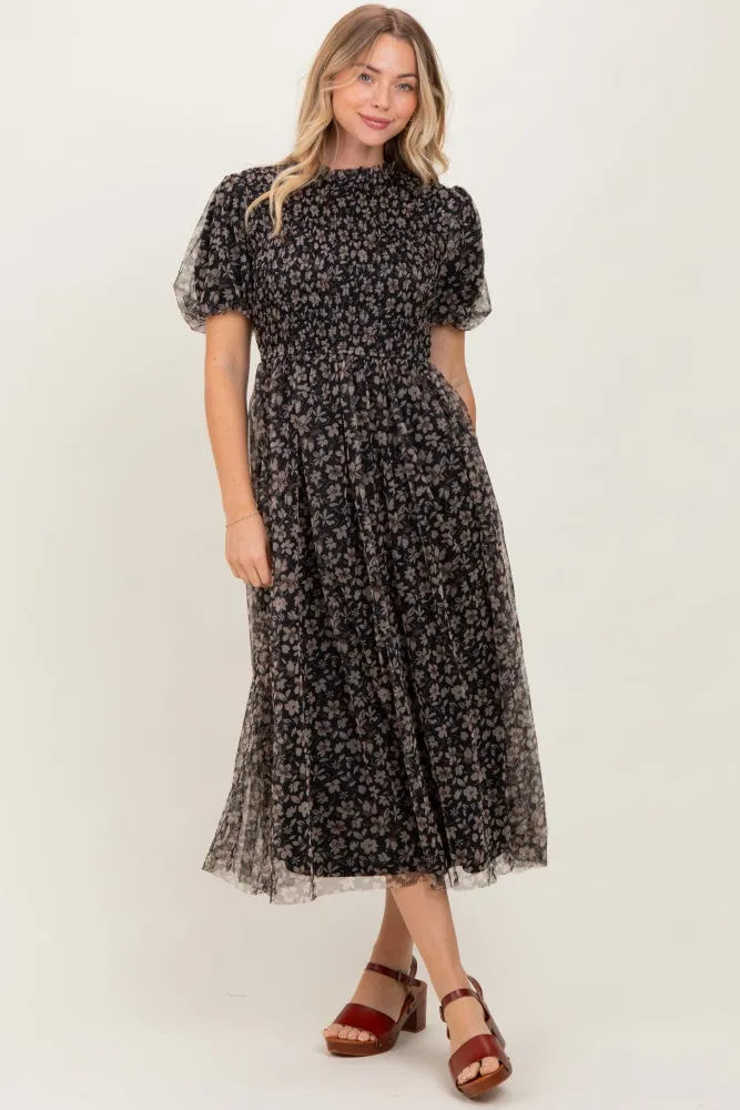 Black Floral Smocked Puff Sleeve Chiffon Midi Dress sold by Pinkblush product image thumbnail 2