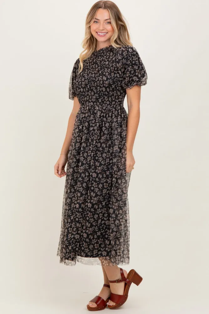 Black Floral Smocked Puff Sleeve Chiffon Midi Dress sold by Pinkblush product image thumbnail 3