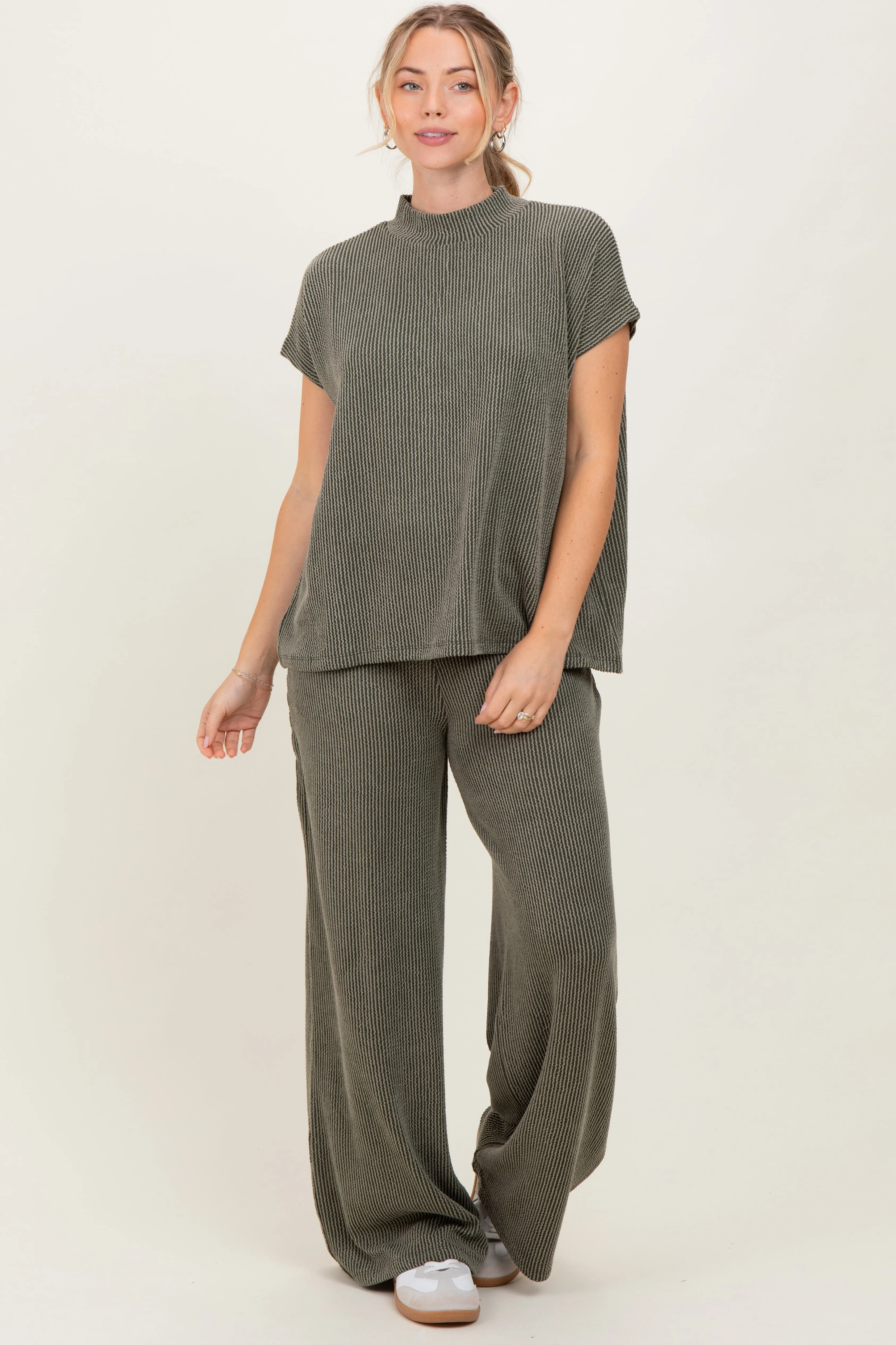 Olive Textured Rib Mock Neck Short Sleeve Pant Set sold by Pinkblush